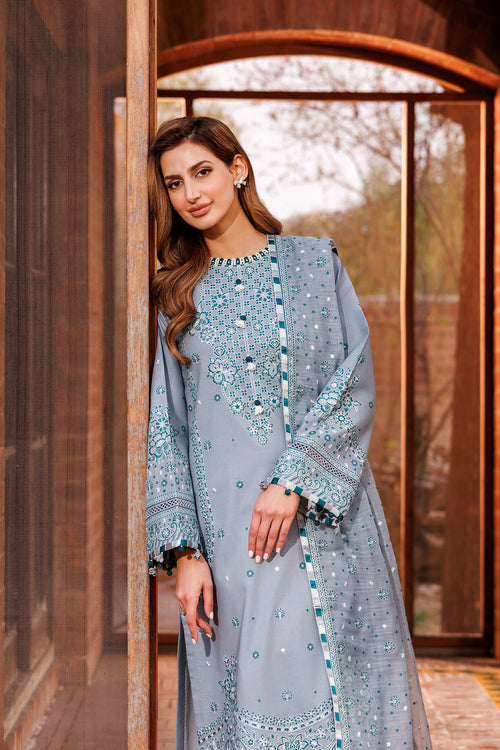 Farasha | Dastoor Embroidered Lawn SS24 | BERYL GREY - Waniyas