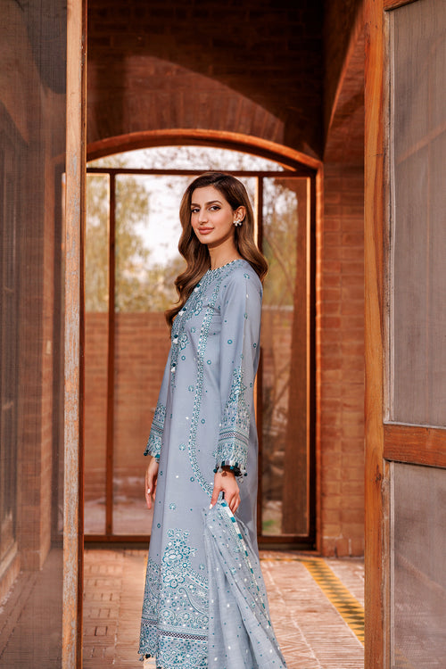 Farasha | Dastoor Embroidered Lawn SS24 | BERYL GREY - Waniyas