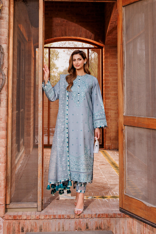 Farasha | Dastoor Embroidered Lawn SS24 | BERYL GREY - Waniyas