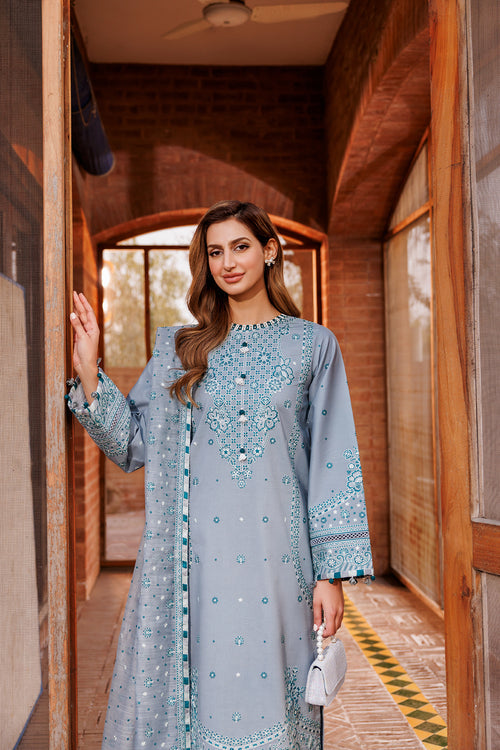 Farasha | Dastoor Embroidered Lawn SS24 | BERYL GREY - Waniyas