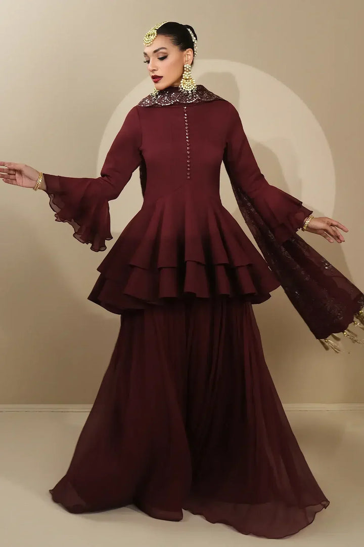 Alizeh | Formals Collection | Maroon Peplum 3 piece - RTW1014 - Waniyas