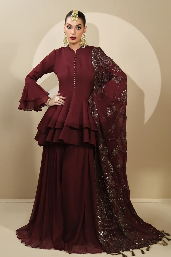 Alizeh | Formals Collection | Maroon Peplum 3 piece - RTW1014 - Waniyas