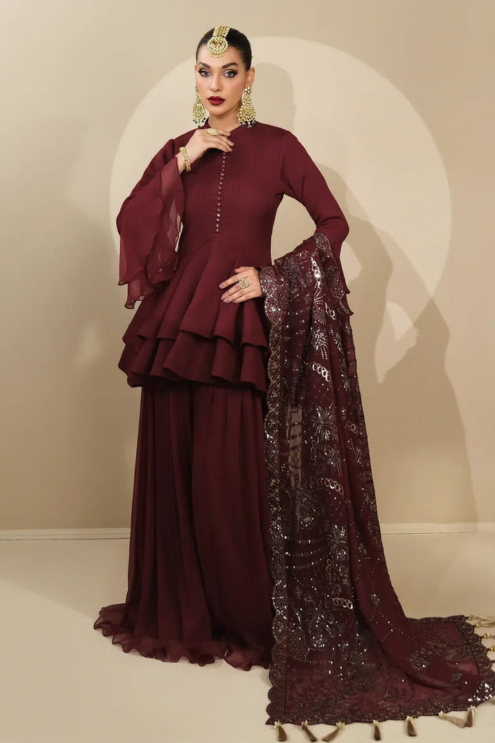 Alizeh | Formals Collection | Maroon Peplum 3 piece - RTW1014 - Waniyas