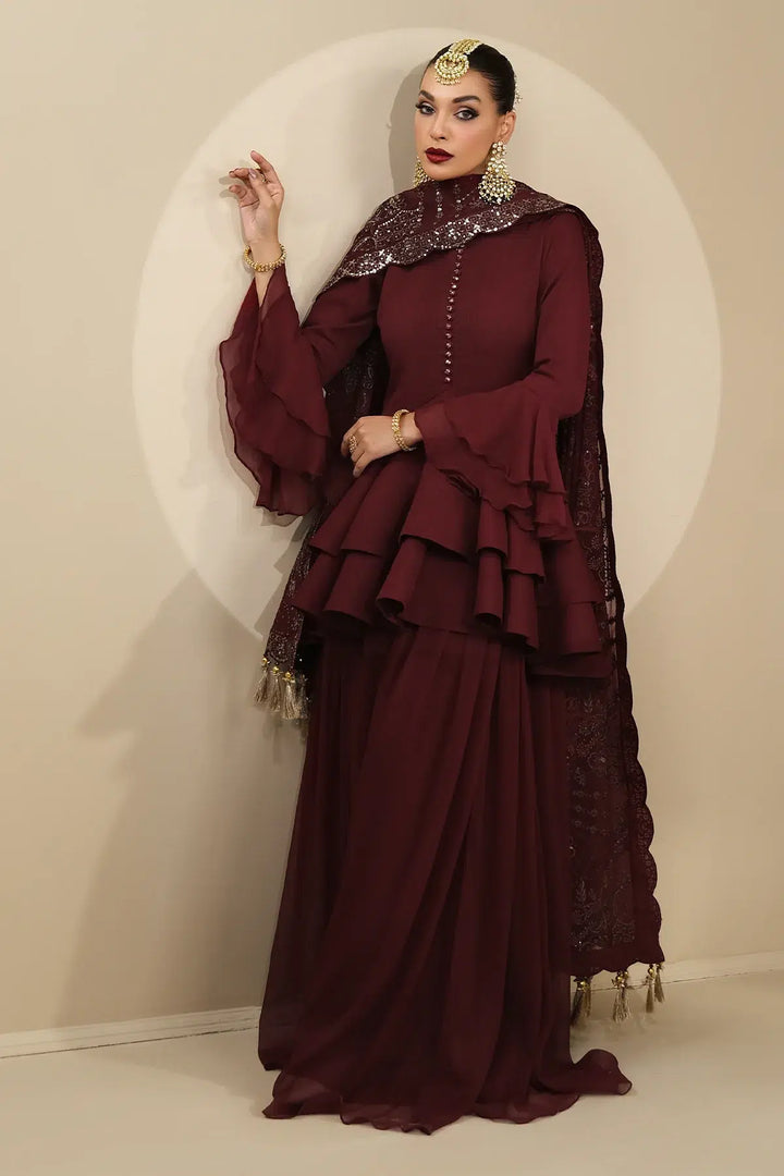 Alizeh | Formals Collection | Maroon Peplum 3 piece - RTW1014 - Waniyas