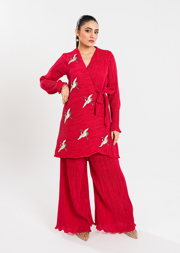 Maria Osama Khan | Claire Pleated Silk | Scarlet - Waniyas