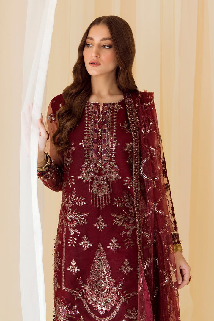 Alizeh | Formals Collection | Embroidered Net Maroon - V14D08 - Raya - Waniyas