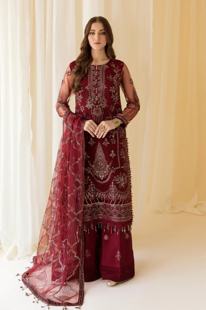 Alizeh | Formals Collection | Embroidered Net Maroon - V14D08 - Raya - Waniyas