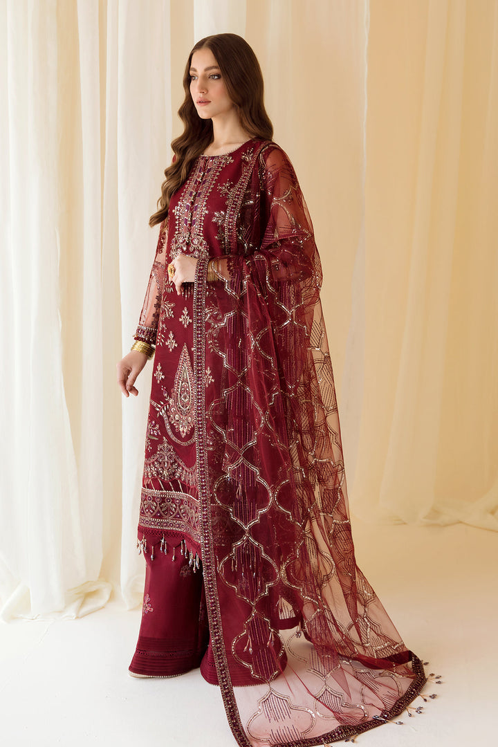 Alizeh | Formals Collection | Embroidered Net Maroon - V14D08 - Raya - Waniyas