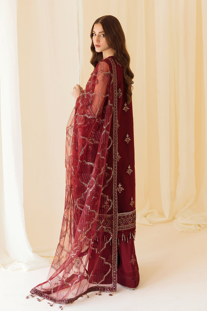 Alizeh | Formals Collection | Embroidered Net Maroon - V14D08 - Raya - Waniyas