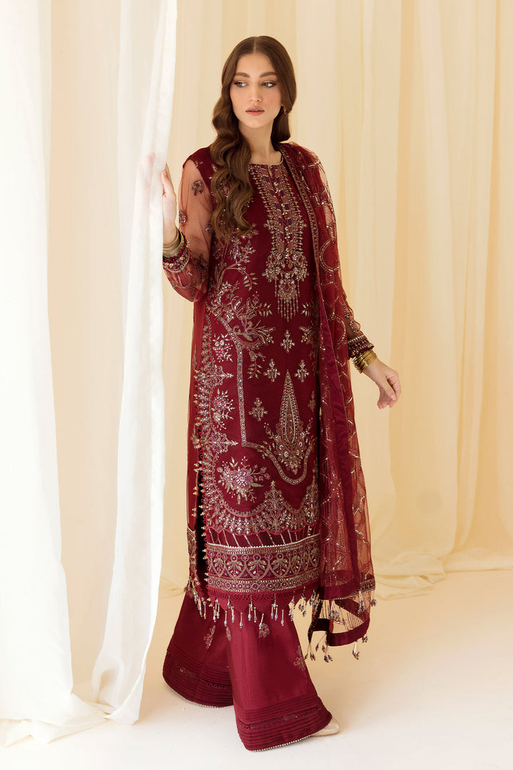 Alizeh | Formals Collection | Embroidered Net Maroon - V14D08 - Raya - Waniyas